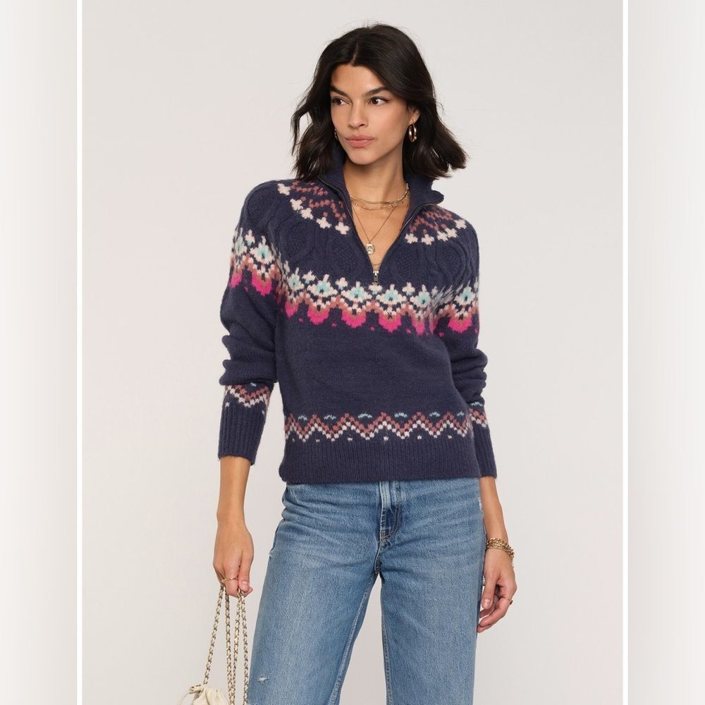 Heartloom Libby Sweater size XS Fair Isle Print Cable Stitch Half Zip Blue Pink